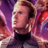 Pixelated static image of a person with light brown hair wearing a dark top against a purple and red gradient background.