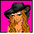 Animated contact sheet of a pixel-art character with long brown hair, black hat, and pink background showing various poses, text overlays, and animation frames.