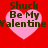 Four identical pink heart shapes on a red background, each containing dark green text reading "Shuck Be My Valentine" in pixelated font.