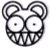 Black-and-white cartoon face with rounded ears, large circular eyes, and a wide toothy grin showing triangular teeth; one eye has a horizontal line across it in some frames.