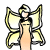 Pixelated figure with light skin, black hair, and yellow wings holding a glowing white orb against a white background.