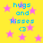 Yellow background with pink stars and blue text reading 'hugs and kisses <3' in pixelated font.