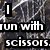 Pixelated text on a dark marbled background with white lines, displaying phrases about running with scissors.