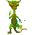 Green pixelated creature with yellow eyes and pink mouth in multiple walking poses on gray background.