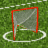 Animated sequence showing a lacrosse goal on green field with white lines, featuring one red-outlined goal and three brown-outlined goals in different positions.