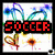 Pixelated icon with 'SOCCER' text over abstract blue-green shapes and brown spots on white background.