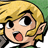 Pixelated character with blonde hair, large eyes, and open mouth showing red tongue against green background.