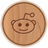Pixelated circular icon with wooden texture showing Reddit's mascot Snoo with a smiling face and antenna on a light gray background.