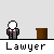 Pixel art of a lawyer character in gray suit with red tie, shown in multiple poses next to brown podiums and 'Guilty!' speech bubbles on light gray background.