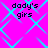 Bright pink background with cyan diamond-shaped pattern and four identical text blocks reading "dody's girls" in black pixelated font