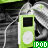 Green iPod Nano with white circular click wheel and black screen, positioned over grayscale background of person holding headphones, green 'IPOD' text below device.