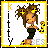 Pixel art character with brown hair and yellow star accessories in a black dress, holding a yellow object, with 'Kitty' text on the left side.