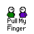 Pixel art of two figures with green and purple shirts, white faces, and black outlines against gray background; text "Pull My Finger" below each pair.