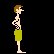 Pixelated character in green shorts performs sequential actions: standing, bending forward, urinating on a rock, then returning to upright stance.