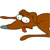 Brown cartoon dog with wide eyes and open mouth, holding a long brown object with a blue tip, positioned diagonally against a white background.