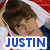 A four- shows a person with brown hair in various poses: lying down, holding a phone, and wearing a black hat. Text overlays read "JUSTIN" (blue) and "BIEBER" (green), with a purple heart symbol