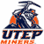 Pixelated icon shows a dark blue miner figure with orange flame accents holding a pickaxe above a dark blue mountain peak, with 'UTEP' in dark blue and orange lettering below.
