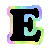 Six identical black serif letter E icons with rainbow gradient borders arranged in a 3x2 contact sheet on gray background, each icon showing slight color variation across frames.