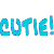 Pixelated icon shows a woman with long brown hair wearing a blue polka-dot top, next to large cyan text reading "CUTIE!" on white background.