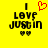 Yellow background with black pixelated text "I LOVE JUSTIN" and two small hearts below, one frame shows a red heart replacing the 'O' in LOVE.