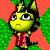 Pixelated character with yellow face, black hair, and green wings against red background wearing red garment.
