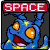 Animated contact sheet of 16 frames showing a blue cartoon character with orange eyes and yellow accents, alternating between red banners reading SPACE and CADET above its head against a dark gray background.