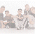 A horizontal strip of pixelated group images with blue handwritten text overlay, showing repeated figures in various poses and color variations.
