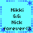 Pixelated blue background with four identical text blocks arranged in a , each containing "Nikki && Nick" above "forever<3", surrounded by dotted and solid blue borders with star motifs