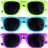 Three pairs of pixelated sunglasses with black lenses arranged horizontally in a grid, each pair featuring distinct frame colors.