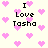 Pixelated icon with repeated 'I Love Tasha' text and pink hearts on a light background, showing animation changes in heart positions.