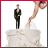 Animated sequence showing a wedding cake topper with bride and groom figures, transitioning from full view to partial views of the couple cutting the cake.