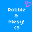 Blue background with white pixelated text 'Robbie & Niesy!' and '<3', pink pixelated heart above text, two identical side-by-side layouts.