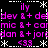 Pixelated text and symbols arranged in a on black background with pink and white elements