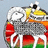 Pixelated image of a cartoon character with white hair, yellow beak, and red body standing among red mushrooms with white spots on a gray background.