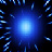 A glowing blue orb radiates light against a dark background with scattered pixelated star-like shapes.