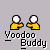 Two yellow-shirted figures with white heads perform sequential hand gestures under "Voodoo Buddy" text on gray background.