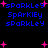 Pixelated blue text 'sparkley' variations with pink plus signs on black background, animated as static display.
