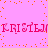 Pink background with orange square particles and repeated red text 'KRISTEN' in pixelated font.