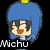 Pixelated character with blue hair and yellow hair accessory, winking red eyes, orange mouth, and 'Michu' text on black background.