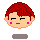 Pixel art avatar with red hair, closed eyes, pink cheeks, and a small mouth on gray background.
