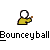 Pixelated figure in yellow shirt holding brown ball, with text "Bounceyball" repeated below.