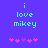 Pixelated text 'i love mikey' in cyan on purple background with pink heart symbols below, two variations of heart positions.