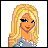 Pixelated cartoon woman with long blonde hair and blue eyes, wearing a silver top with white stars on a white background.