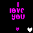 Pixelated pink text "I LOVE YOU" appears above and below a central heart symbol on a black background, with heart symbols changing color across frames.
