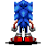 Pixel art of a blue anthropomorphic hedgehog in multiple poses with red shoes and white gloves against gray background.