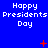 Blue background with repeated white pixelated text 'Happy Presidents Day' and scattered red star-like shapes.