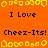 Orange background with yellow pixelated shapes and repeated text "I Love" and "Cheez-Its!" in black pixelated font.