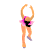 Pixelated figure in pink and orange costume performing four distinct ice skating poses against gray background.