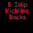Red pixelated text 'E.Islip Kickline Rocks' on black background with blue star outlines, static display.