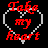 Pixelated red text 'Take my Heart' inside a white dotted heart outline on black background.